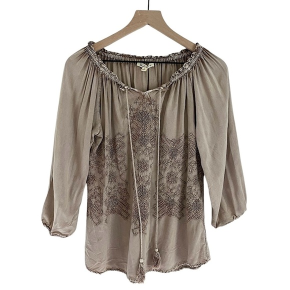 Solitaire Boho Peasant Embroidered 3/4 Sleeve Tassel Neck Blouse Brown Tan Small - Picture 1 of 9